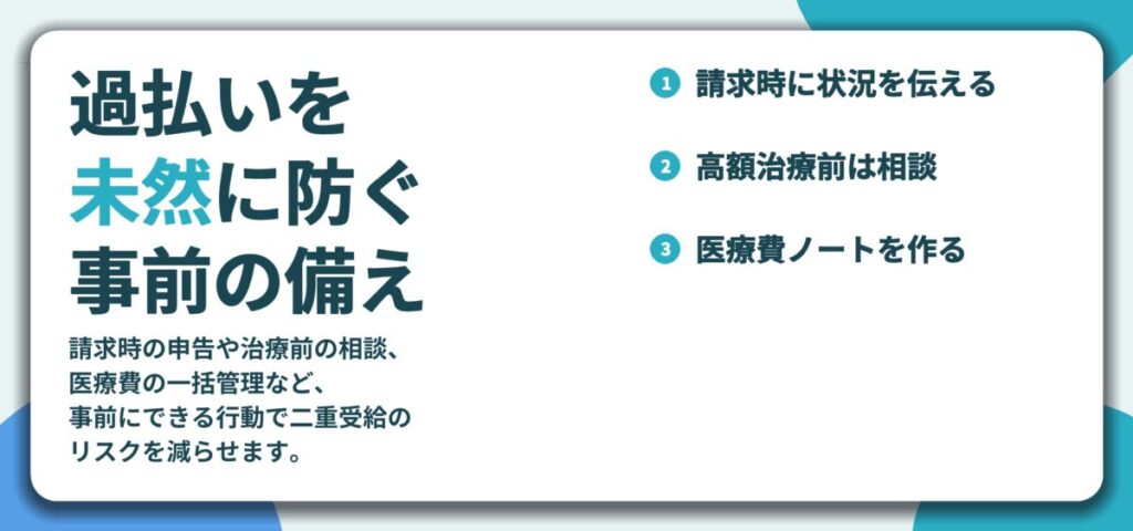 過払いを 未然に防ぐ 事前の備え。請求時に状況を伝える、高額治療前は相談、医療費ノートを作る