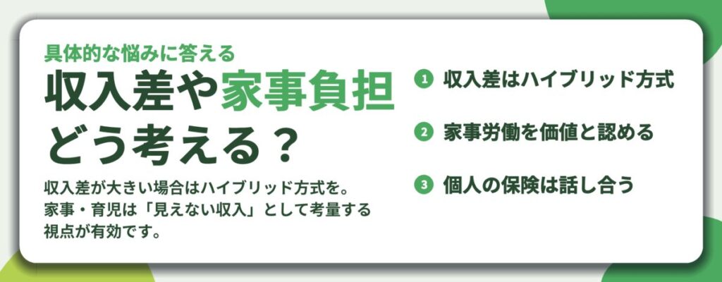 収入差や家事負担 どう考える？。収入差はハイブリッド方式、家事労働を価値と認める、個人の保険は話し合う