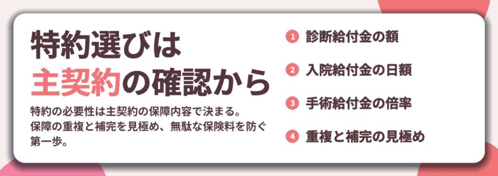 特約選びは 主契約の確認から。診断給付金の額、入院給付金の日額、手術給付金の倍率、重複と補完の見極め