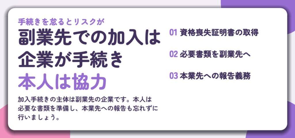 副業先での加入は 企業が手続き 本人は協力。資格喪失証明書の取得、必要書類を副業先へ、本業先への報告義務