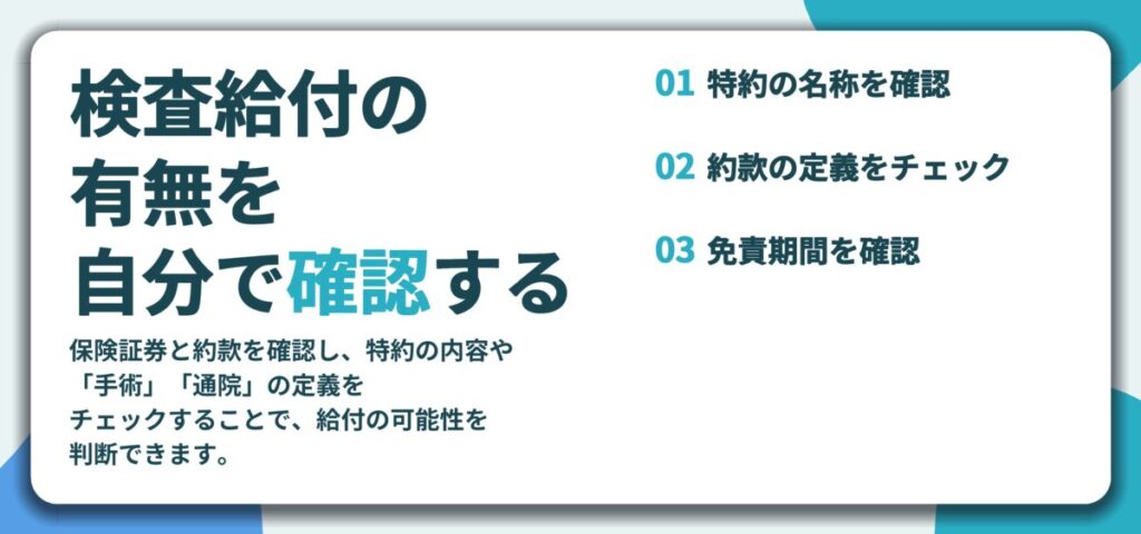 検査給付の 有無を 自分で確認する。特約の名称を確認、約款の定義をチェック、免責期間を確認