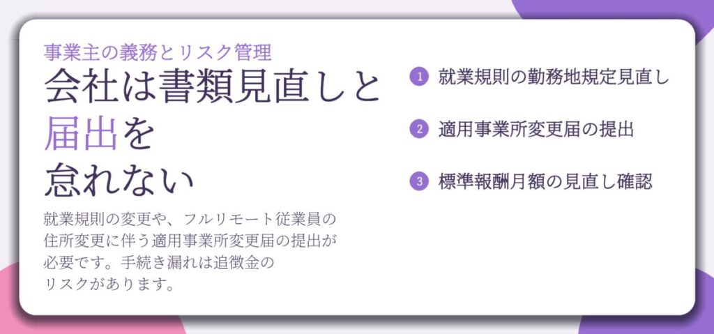 会社は書類見直しと 届出を 怠れない。就業規則の勤務地規定見直し、適用事業所変更届の提出、標準報酬月額の見直し確認