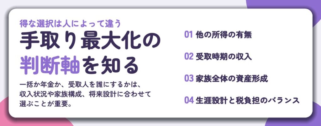 手取り最大化の 判断軸を知る。他の所得の有無、受取時期の収入、家族全体の資産形成、生涯設計と税負担のバランス