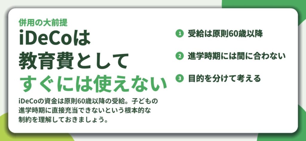 iDeCoは 教育費として すぐには使えない。受給は原則60歳以降、進学時期には間に合わない、目的を分けて考える