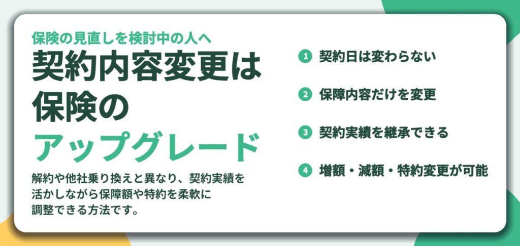 契約内容変更は 保険の アップグレード。契約日は変わらない、保障内容だけを変更、契約実績を継承できる、増額・減額・特約変更が可能