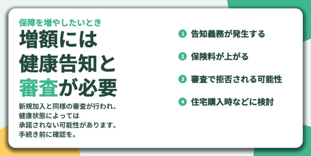 増額には 健康告知と 審査が必要。告知義務が発生する、保険料が上がる、審査で拒否される可能性、住宅購入時などに検討