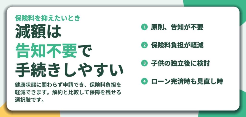 減額は 告知不要で 手続きしやすい。原則、告知が不要、保険料負担が軽減、子供の独立後に検討、ローン完済時も見直し時