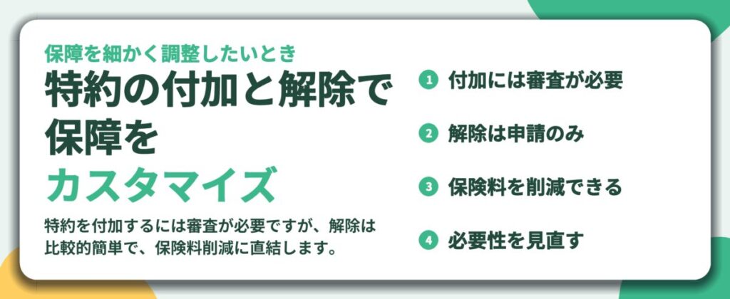 特約の付加と解除で 保障を カスタマイズ。付加には審査が必要、解除は申請のみ、保険料を削減できる、必要性を見直す