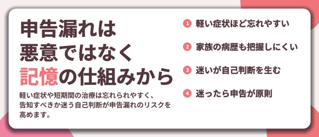 申告漏れは 悪意ではなく 記憶の仕組みから。軽い症状ほど忘れやすい、家族の病歴も把握しにくい、迷いが自己判断を生む、迷ったら申告が原則