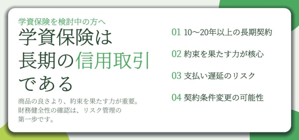 学資保険は 長期の信用取引 である。10〜20年以上の長期契約、約束を果たす力が核心、支払い遅延のリスク、契約条件変更の可能性