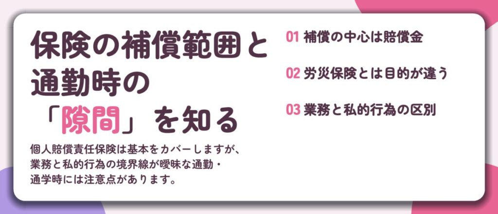 保険の補償範囲と 通勤時の 「隙間」を知る。補償の中心は賠償金、労災保険とは目的が違う、業務と私的行為の区別