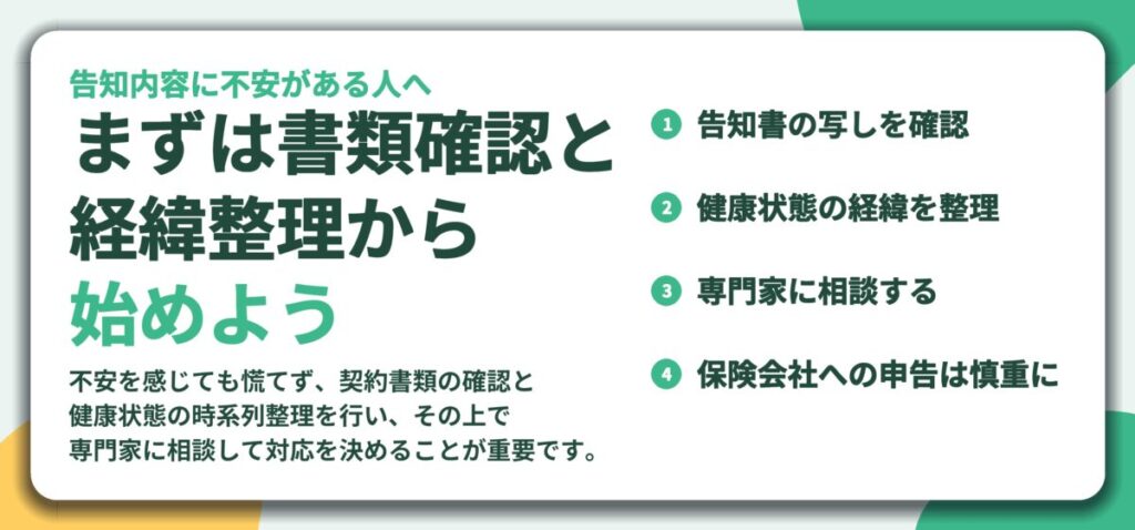 まずは書類確認と 経緯整理から 始めよう。告知書の写しを確認、健康状態の経緯を整理、専門家に相談する、保険会社への申告は慎重に