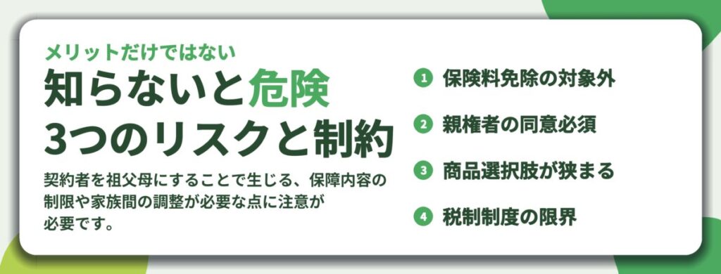知らないと危険 3つのリスクと制約。保険料免除の対象外、親権者の同意必須、商品選択肢が狭まる、税制制度の限界