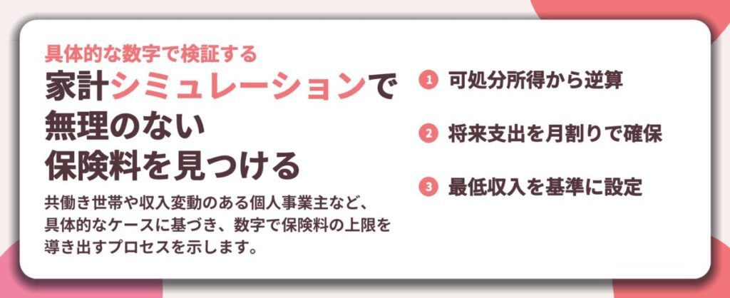 家計シミュレーションで 無理のない 保険料を見つける。可処分所得から逆算、将来支出を月割りで確保、最低収入を基準に設定