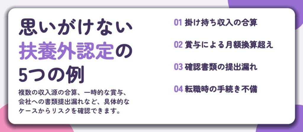 思いがけない 扶養外認定の 5つの例。掛け持ち収入の合算、賞与による月額換算超え、確認書類の提出漏れ、転職時の手続き不備