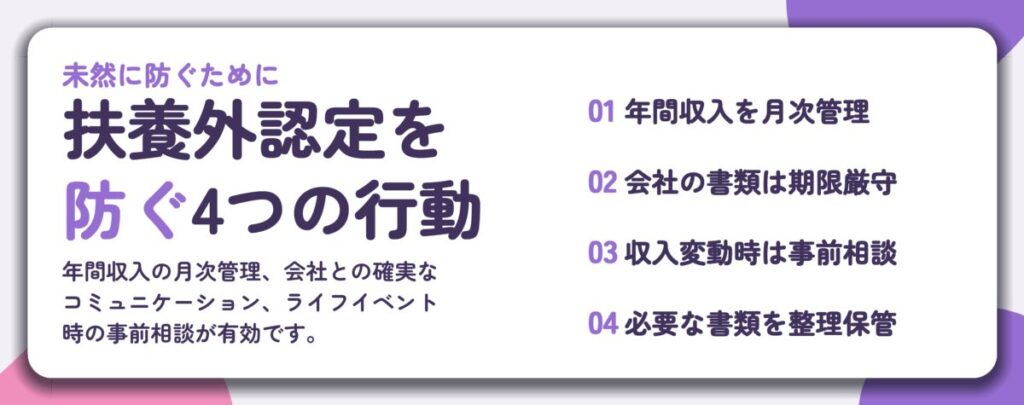 扶養外認定を 防ぐ4つの行動。年間収入を月次管理、会社の書類は期限厳守、収入変動時は事前相談、必要な書類を整理保管
