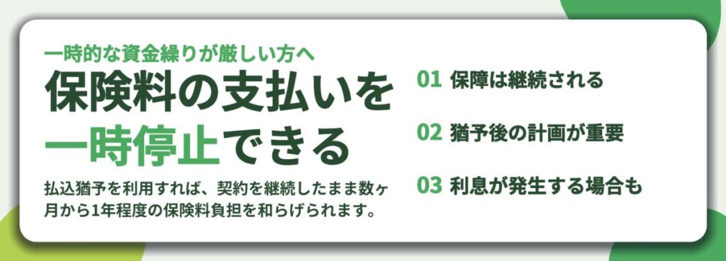 保険料の支払いを 一時停止できる。保障は継続される、猶予後の計画が重要、利息が発生する場合も