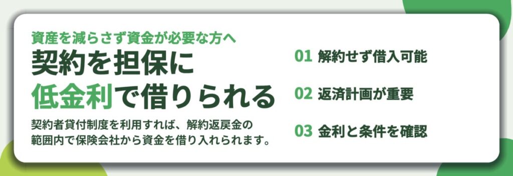 契約を担保に 低金利で借りられる。解約せず借入可能、返済計画が重要、金利と条件を確認