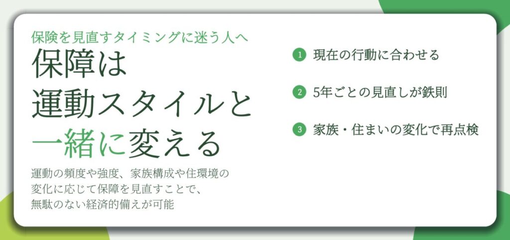 保障は 運動スタイルと 一緒に変える。現在の行動に合わせる、5年ごとの見直しが鉄則、家族・住まいの変化で再点検