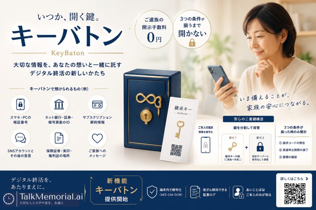 本人端末で暗号化し鍵を分割、デジタル遺品の情報を安全に継承する「継承金庫（キーバトン）」サービス開始